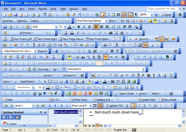 It's easy to lose sight of publishing technical content, when using the tool requires too much screen space, or  memory capacity such as the Word 2003 toolbar options (graphic source: Sam Morris, robots.org.uk0 