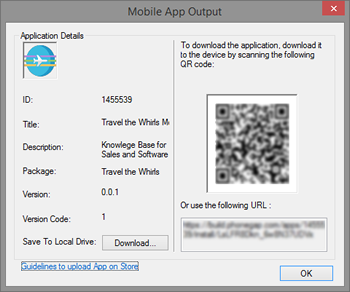 Mobile App creation result with a QR code to install the app