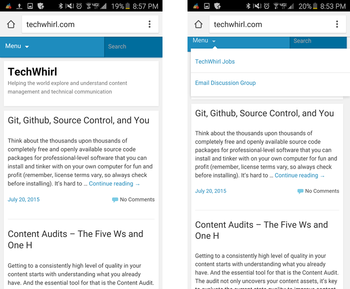 TechWhirl.com is optimized for mobile, a minimal design that incorporates progressive disclosure.