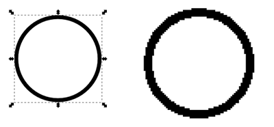 A circle as an object, displayed in a vector graphics program (Inkscape), left, vs. a circle as a set of dots in a raster graphics program (Paint), right