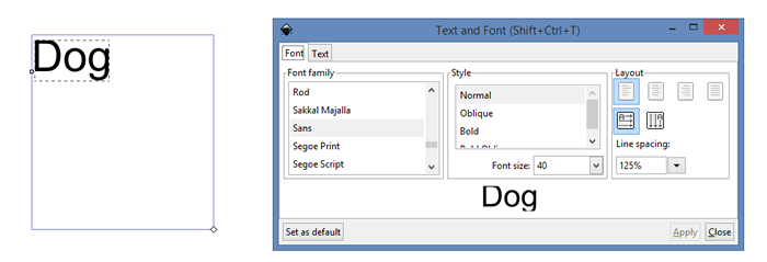 A text object in a vector graphics program, with object properties shown.