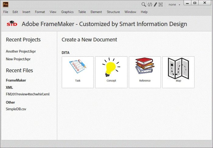 FrameMaker 2017 customized welcome screen
