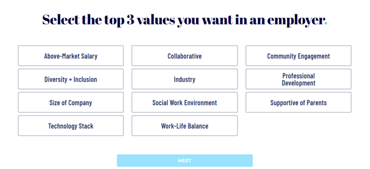 Top three values you want in an employer