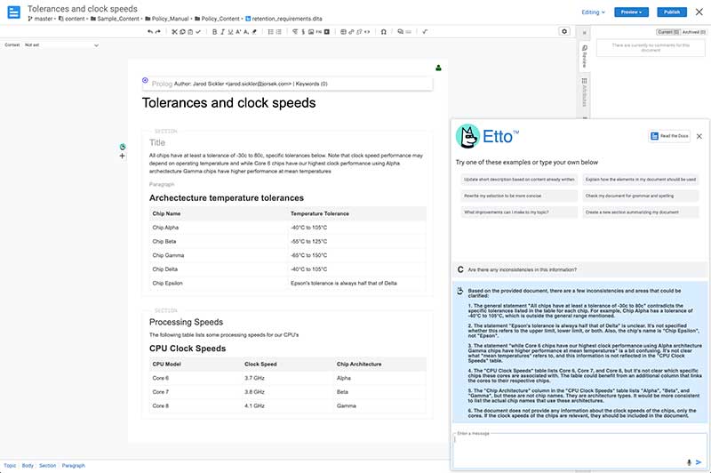 screenshot of Heretto workspace and Etto Copilot
